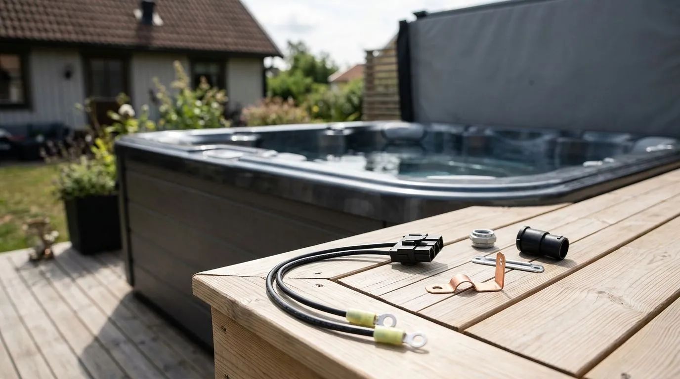 Adapter Plug N'Click, elektrisk kontakt och mutter till värmare på en träyta vid ett spabad