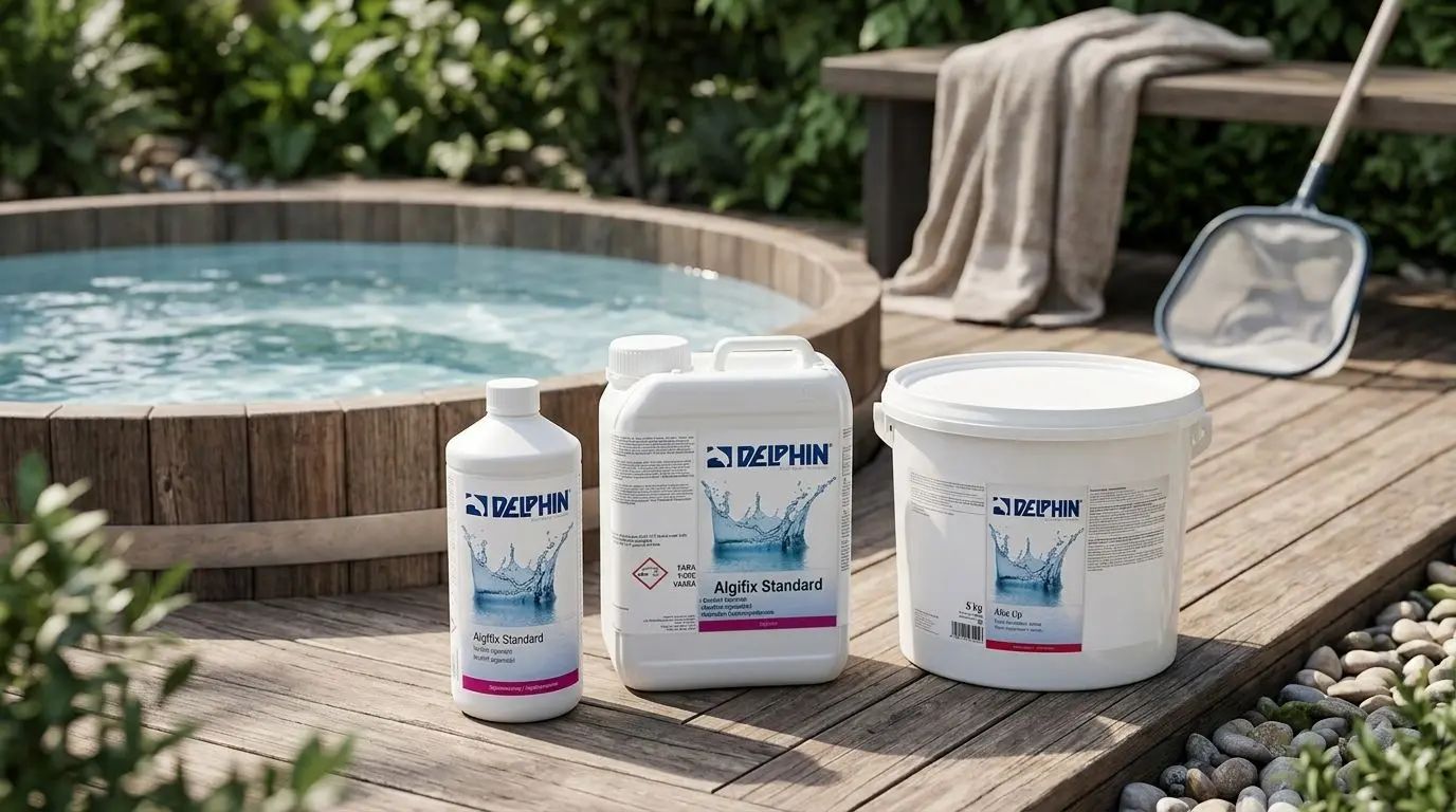 En samling Delphin spa-produkter, såsom Algfix Standard, Alka Up och Bottensug, är placerade på ett trädäck intill ett spabad i en utomhusmiljö.