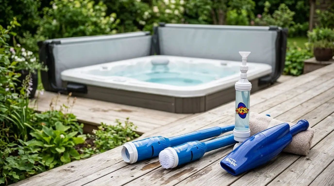 Produkter för rengöring av spabad, inklusive en Bottensug och en Paradise Spa Vac, placerade på ett trädäck intill ett spabad i en grönskande trädgård.
