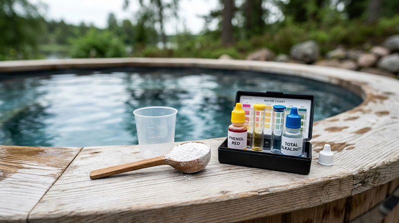 Alkalinitet i spabad: Så justerar du TA-värdet — Testkit med teststrimlor, mätbägare och pulver för att mäta alkalinitet i spabad utomhus