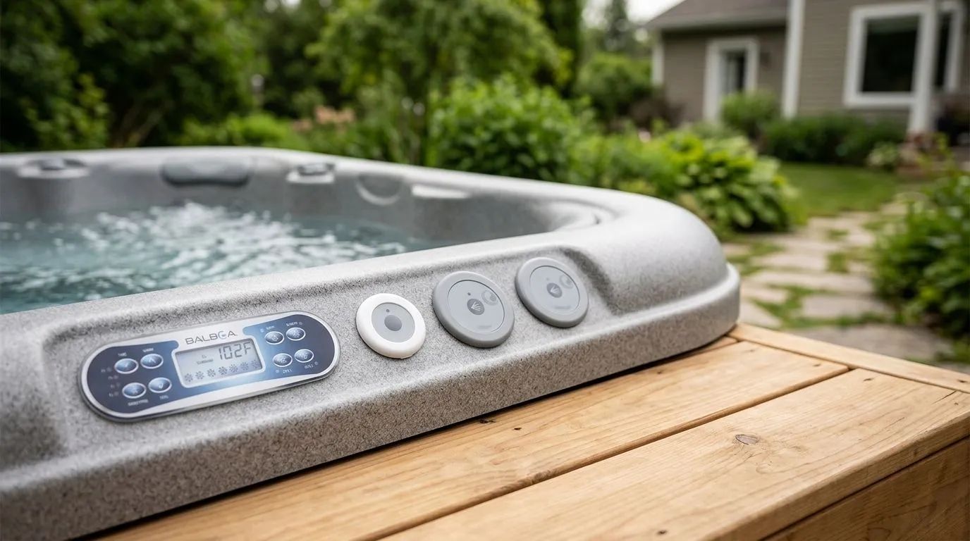 Fler touchpaneler och knappar — Flera Touchpaneler, som till exempel en 1 funktions panel Ø 39mm Pump on/off och en Balboa Panel ML700, arrangerade i en utomhus spa-miljö med ett modernt spabad omgivet av ett trädäck.
