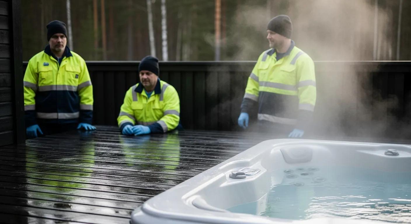 Öde spabad på mörkt trädäck vid morgon med ånga och nordisk skog i bakgrunden