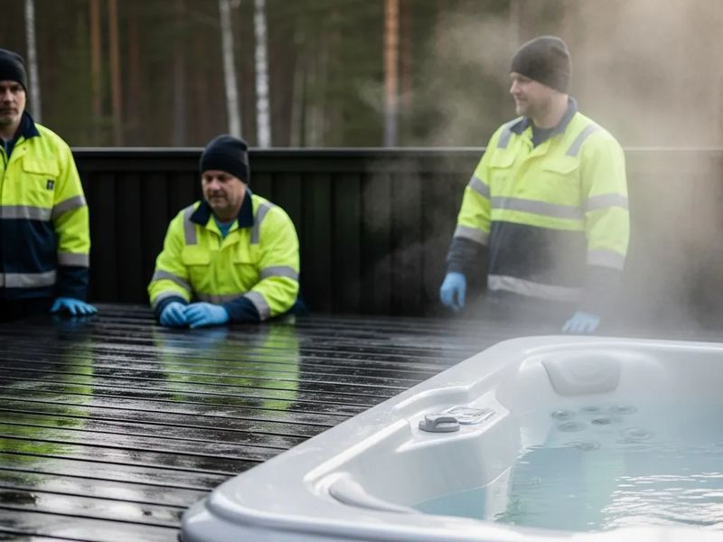 Öde spabad på mörkt trädäck vid morgon med ånga och nordisk skog i bakgrunden