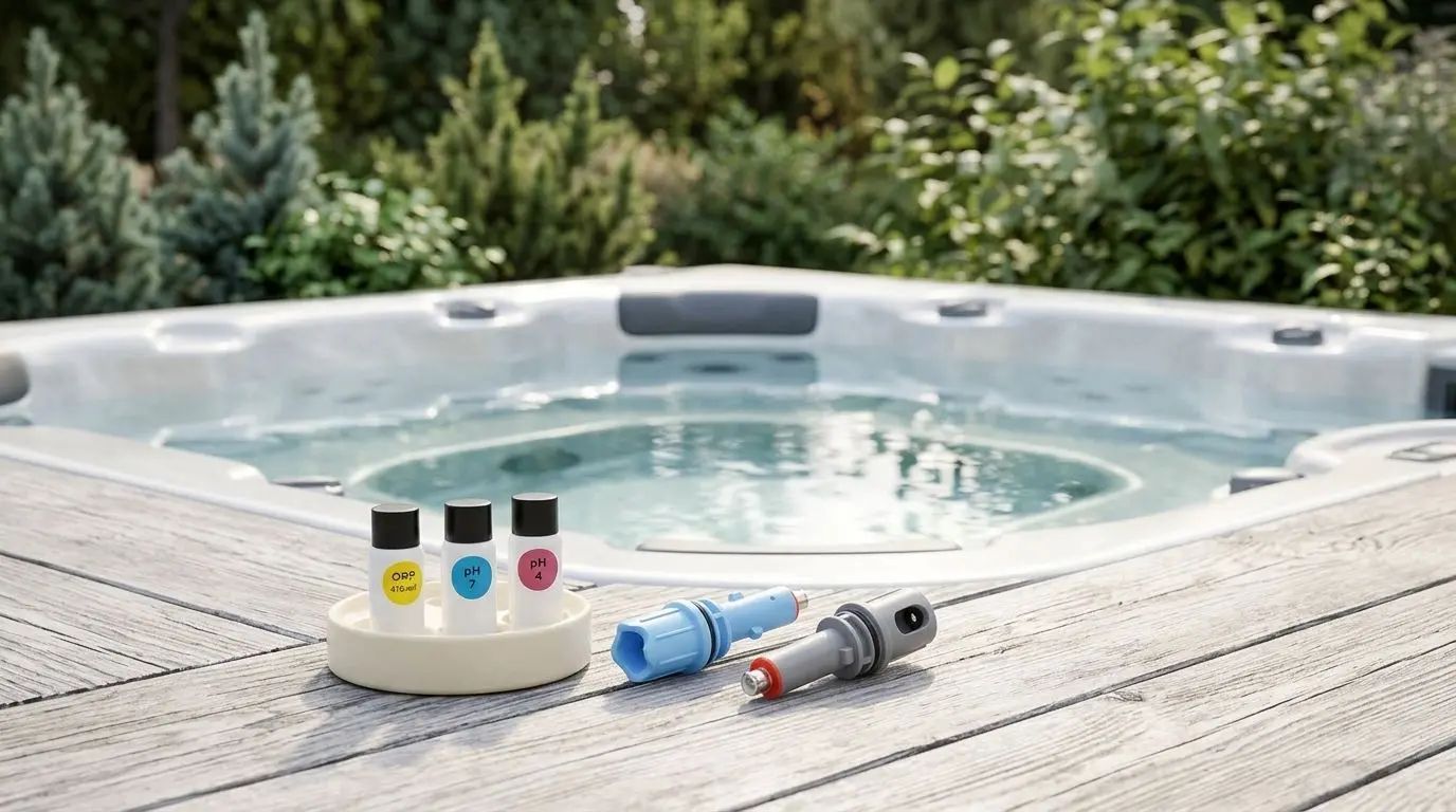 Ondilo (ICO Spa) produkter, inklusive ICO Sensor Blå och ICO Kalibrerings kit, placerade på ett ljust trädeck intill en modern spabad. Bakgrunden består av grönskande trädgård.