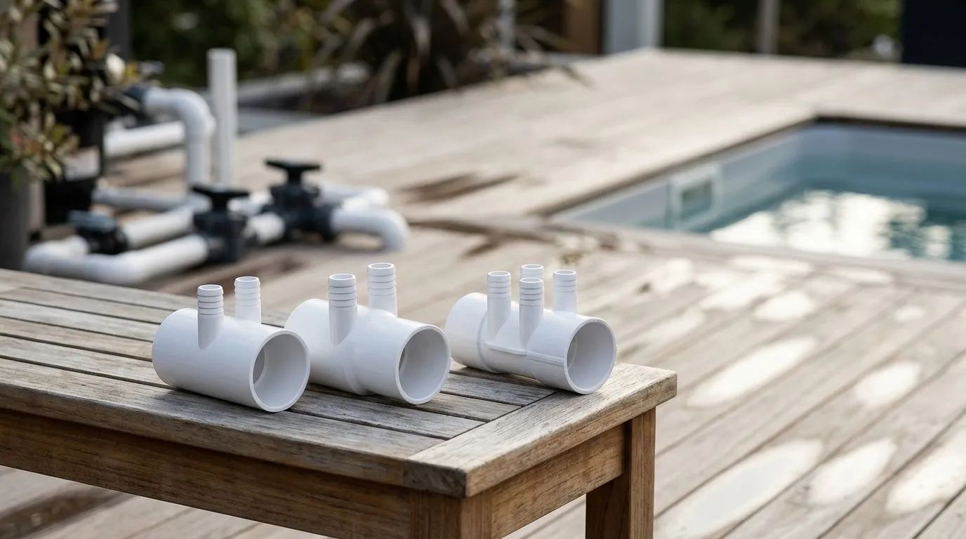 En ren spamiljö med trädäck och naturligt ljus, där flera PVC-fördelare och grenrör ligger arrangerade. Bland produkterna syns en Fördelare 2" 4P F/F PVC och en Fördelare 2" 2P M/F PVC, redo för installation i ett spabad.
