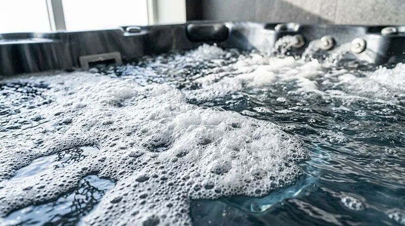 Vitt skum flyter på vattenytan i ett spabad med aktiva munstycken