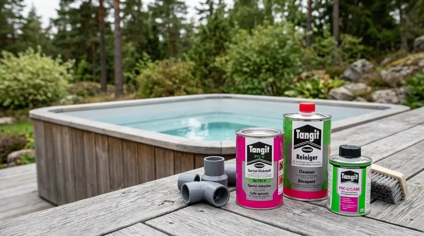 Fler lim och tätningsprodukter — En burk Lim för PVC och ABS och en flaska Rengöringsmedel PVC, samt andra produkter för spabad, arrangerade på ett trägolv intill ett spabad i en utomhusmiljö.