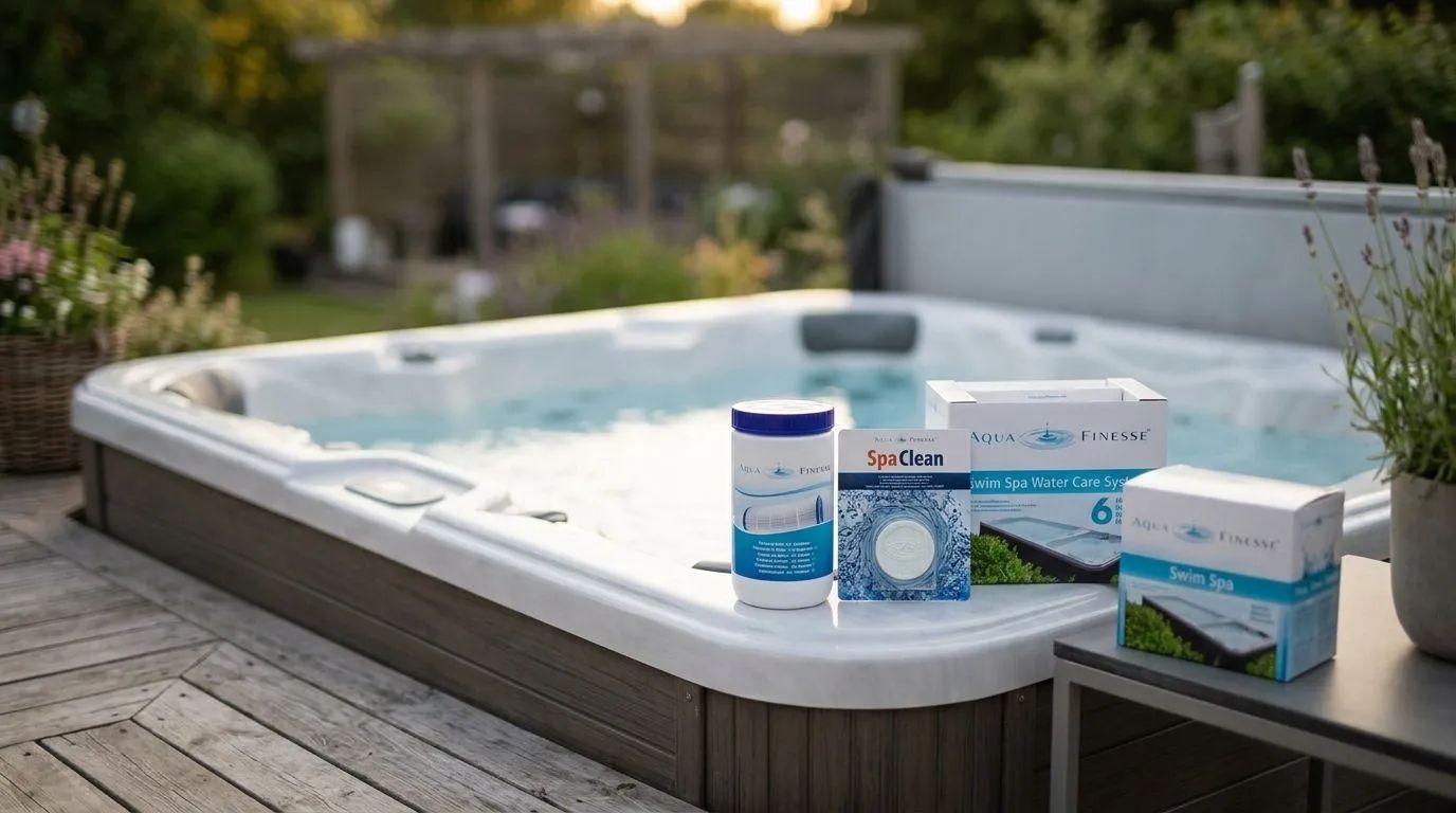 Produkter från AquaFinesse, såsom AquaFinesse filter cleaner tablets, är arrangerade vid kanten av ett rent spabad. Spabadet står på en trädäcksterrass omgiven av en grönskande trädgård, belyst av mjukt, naturligt ljus.