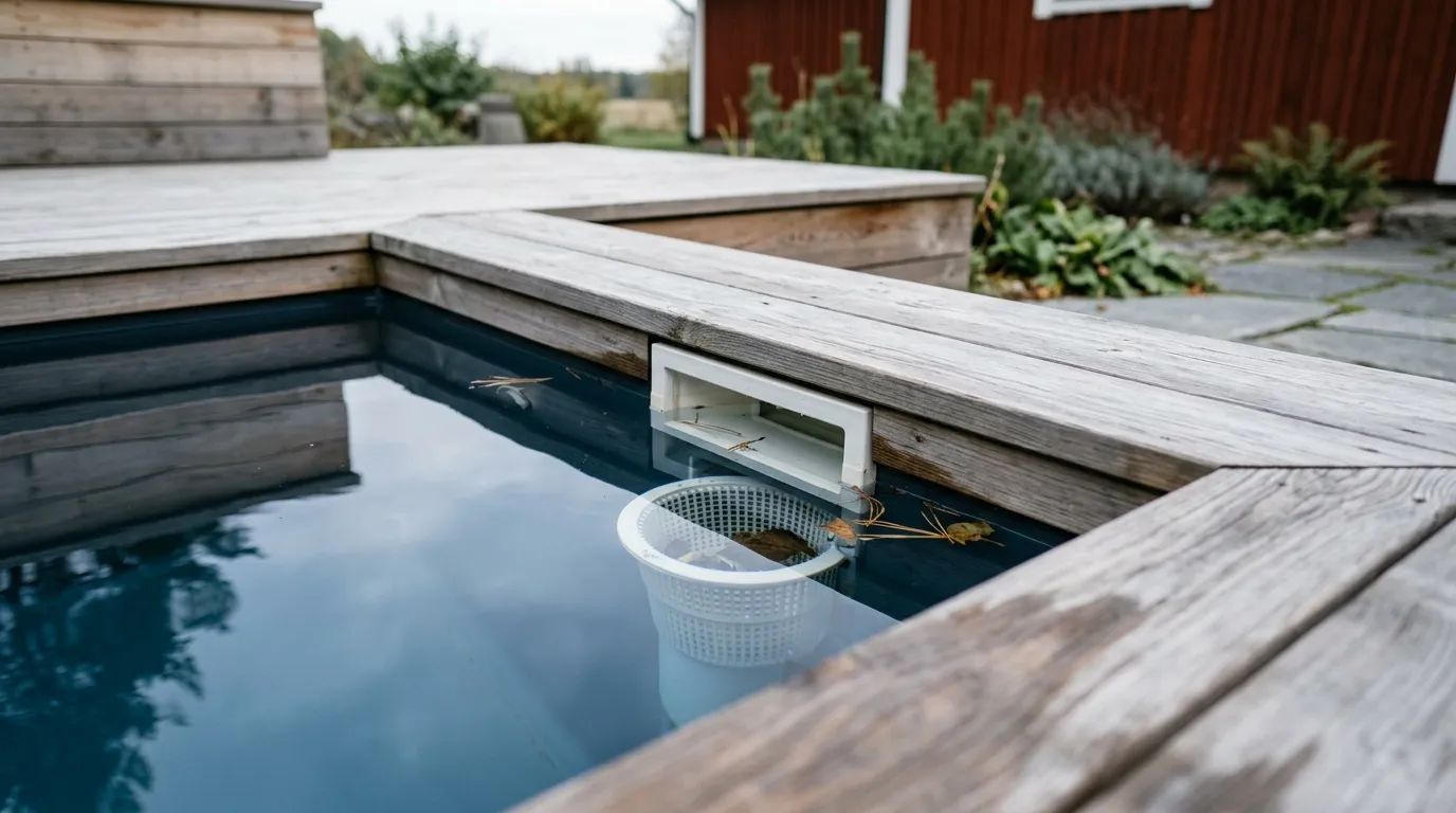 Skimmerkorg i spabadets vattenyta med träterrass och rött hus i bakgrunden