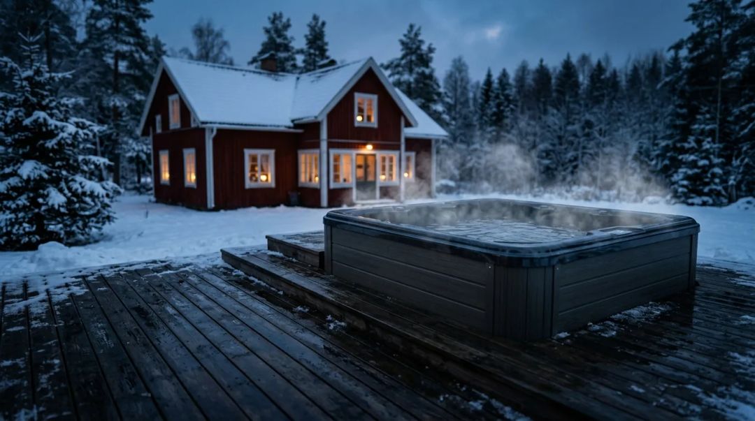 Spabad på snötäckt trädäck vid rött hus i vinterskymning med ånga över vattnet