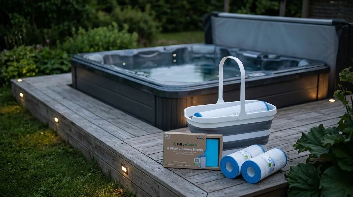 Alla Darlly Spafilter — En lugn utomhusmiljö med ett mörkt spabad på ett trädäck. På däcket ligger olika spafilter, som Darlly SC705, tillsammans med en Darlly Filter Rengörings Hink och Darlly Rengörings Servetter, placerade intill spabadet. Miljön är omgiven av grönskande trädgårdsväxter med mjuk belysning.