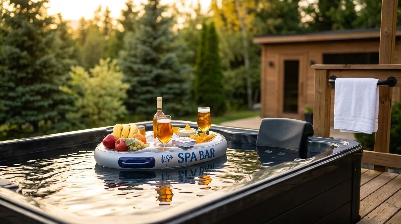 En inbjudande spamiljö utomhus med ett bubbelbad på ett trädäck, omgivet av grönska. En uppblåsbar spabar flyter i vattnet med ett Mister Gustav Beer Glass och vattensäkra spelkort på. En SPA Seat är placerad i badet och en handdukshängare finns monterad i närheten.