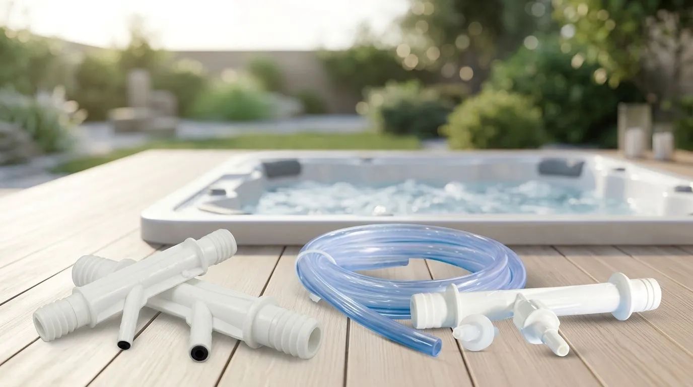 Ozon injektering för ozongenerator på ett trädäck intill ett bubblande spabad