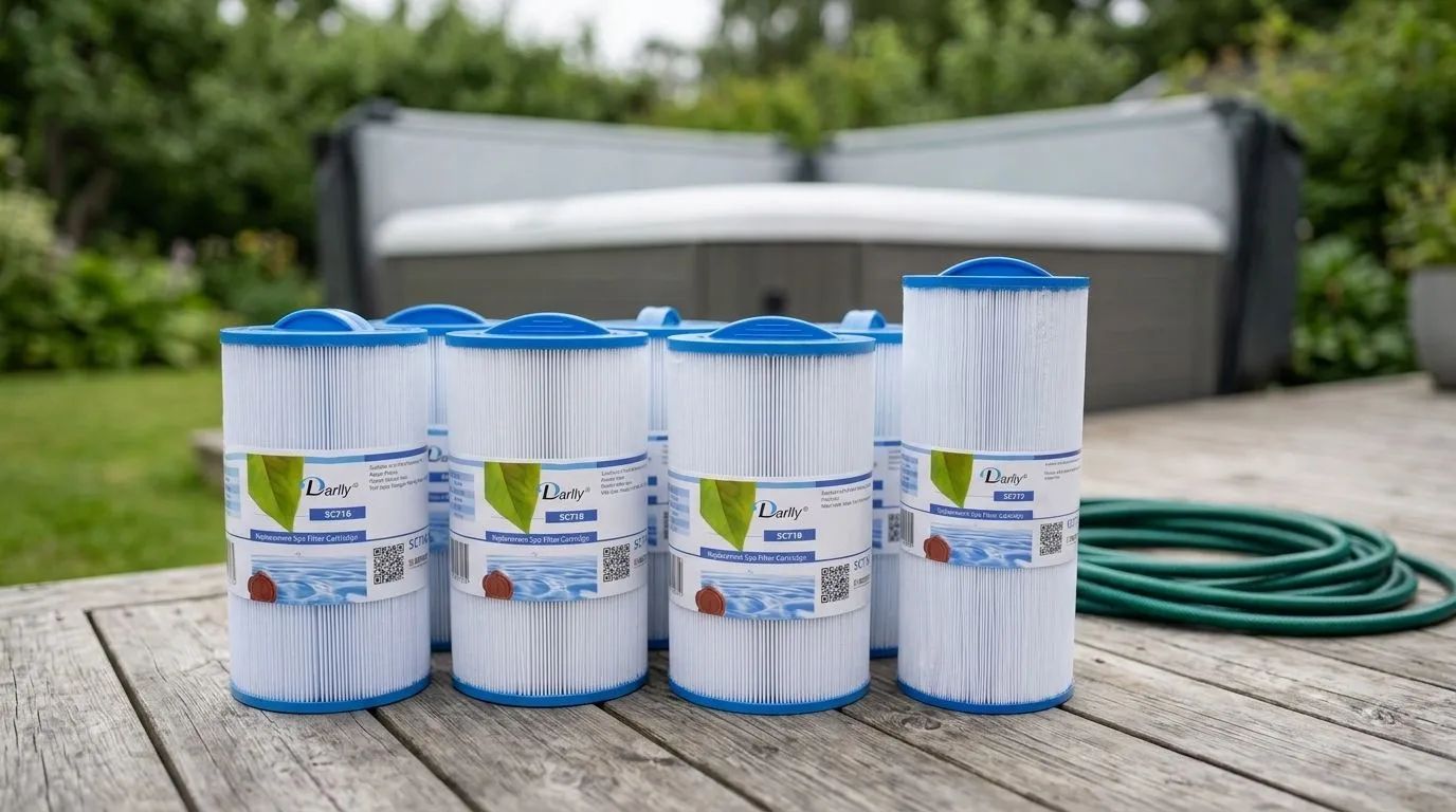 Alla spafilter med stängd topp — Flera spafilter med stängd topp, såsom Spafilter Darlly SC716 och Spafilter Darlly SC718, ligger arrangerade på ett trädäck. I bakgrunden syns ett spabad omgivet av grönskande trädgårdsväxter.