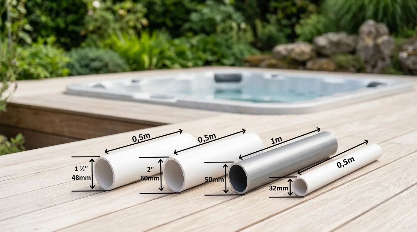Se fler rör och kopplingar till ditt spabad — PVC rör i olika dimensioner, inklusive PVC rör 1 ½ tum 0,5 M och PVC rör 50 mm 0,5 M, arrangerade på en ljus träaltan intill ett spabad i en utomhusmiljö.