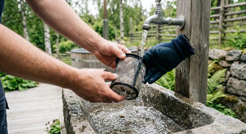 Filterkorg från en bottensug som sköljs ren efter användning