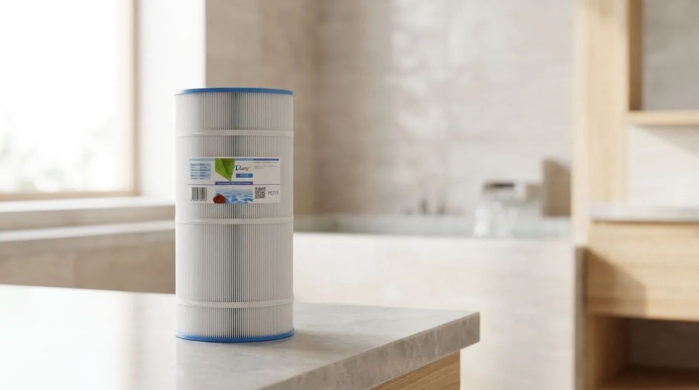 Miljöbild som visar Darllys spafilter i en ljus och lugn spa- eller badrumsmiljö med neutrala färger.