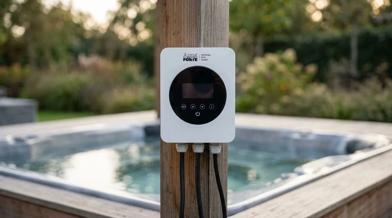 En Aquaforte VARIO+ Frekvensstyrning placerad på ett stilrent trädäck i en lugn utomhus spa-miljö med en modern bubbelpool i bakgrunden. Mjukt, naturligt ljus faller över scenen.