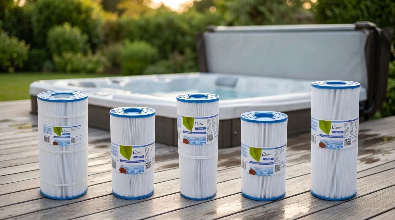 Fler spafilter med öppen topp — En grupp spafilter, däribland Spafilter Darlly PC115, Spafilter Darlly SC705 och Spafilter Darlly SC706, ligger arrangerade på ett trädäck. I bakgrunden skymtar ett spabad och grönskande växtlighet, badande i mjukt dagsljus.