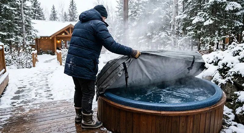 Person öppnar ånga täckande lock på utomhusspabad i snöigt vinterlandskap vid stuga