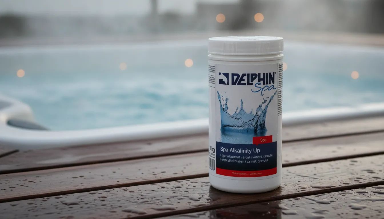 DELPHIN SPA Alkalinity Up placerad på spaträdäck intill spabad
