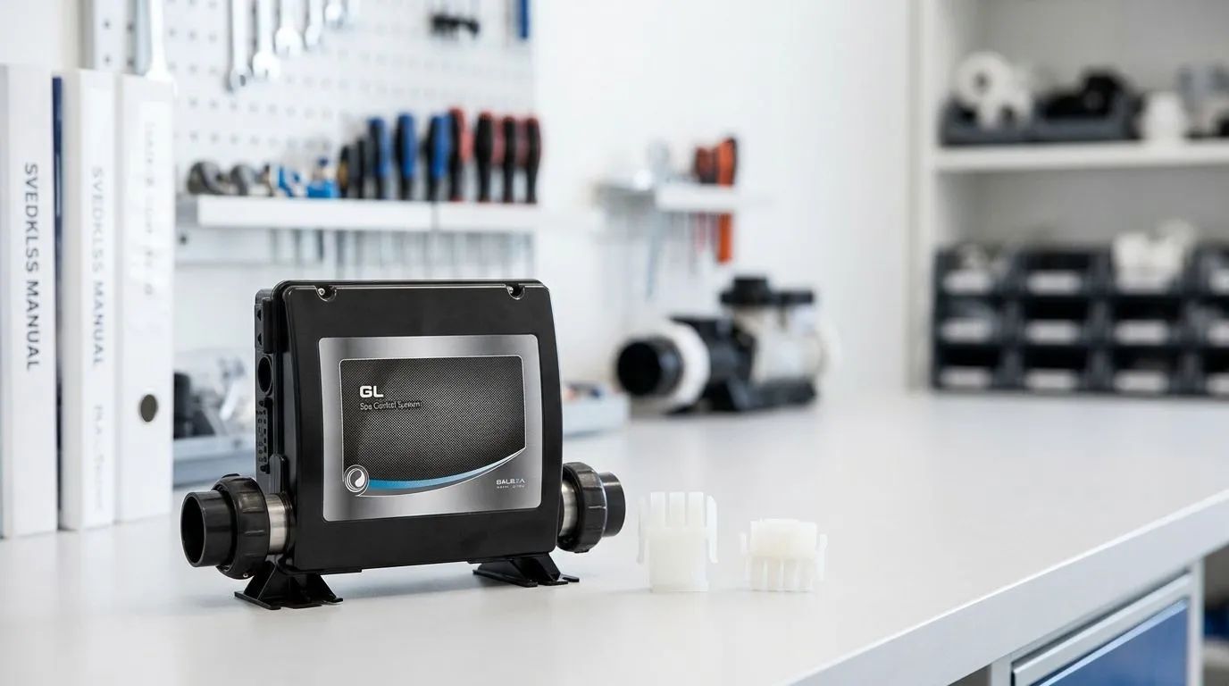 En ljus och lugn miljöbild med Balboa-komponenter, som elektronikkontakter och jets, placerade på en ren, ljus arbetsyta. Mjukt, diffust dagsljus lyser upp scenen. Inga personer eller text förekommer i bilden.