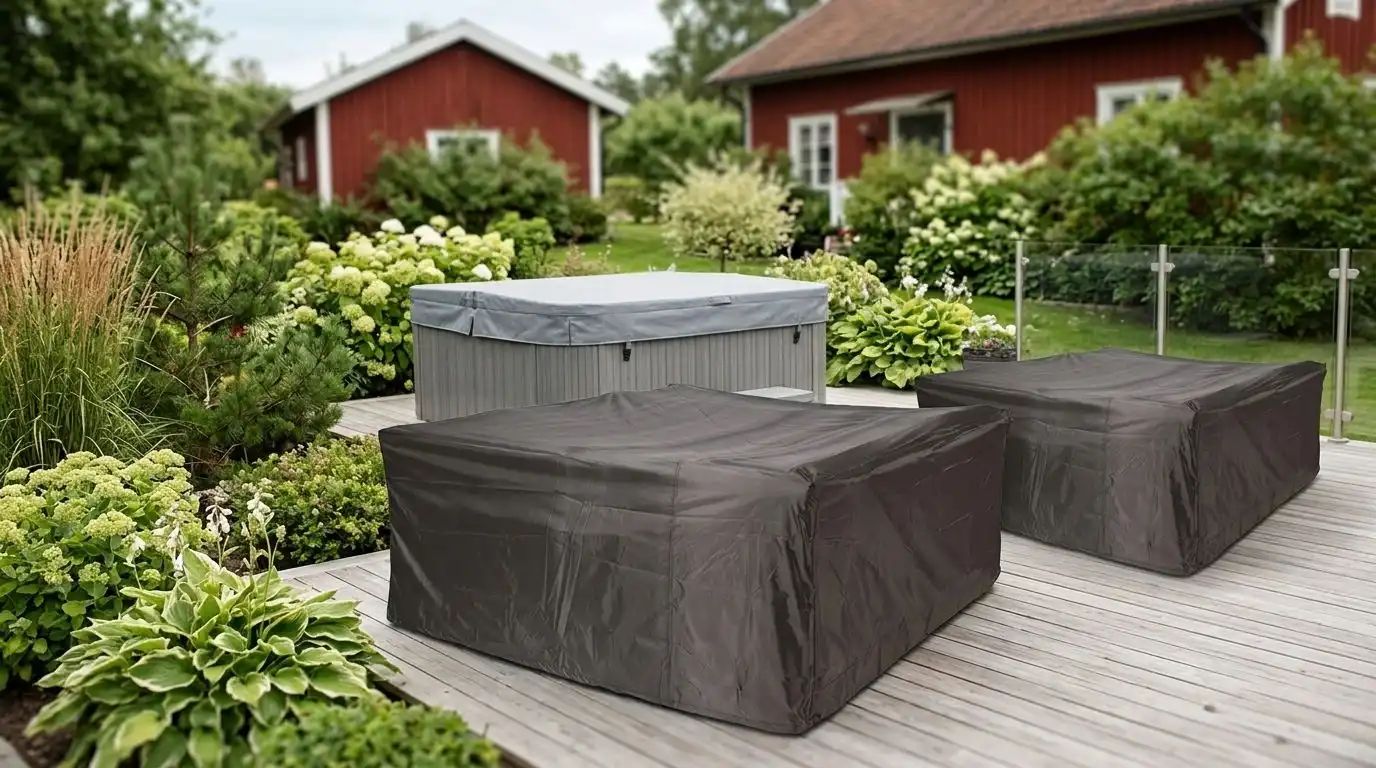 Spalocksskydd 210 x 85 bredvid ett spabad på en träterrass