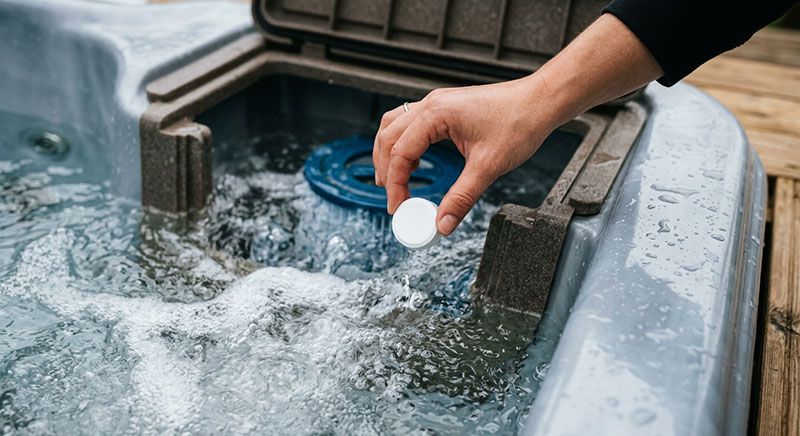 Hand doserar vit AquaFinesse-tablett i bubblande spabad utomhus