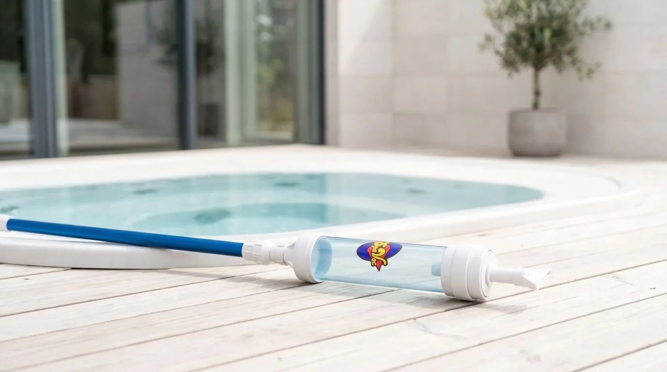 En ljus och lugn miljöbild av ett rent spabad med en bottensug från Paradise Industries placerad intill. Bilden har ett mjukt, naturligt ljus och en minimalistisk komposition.