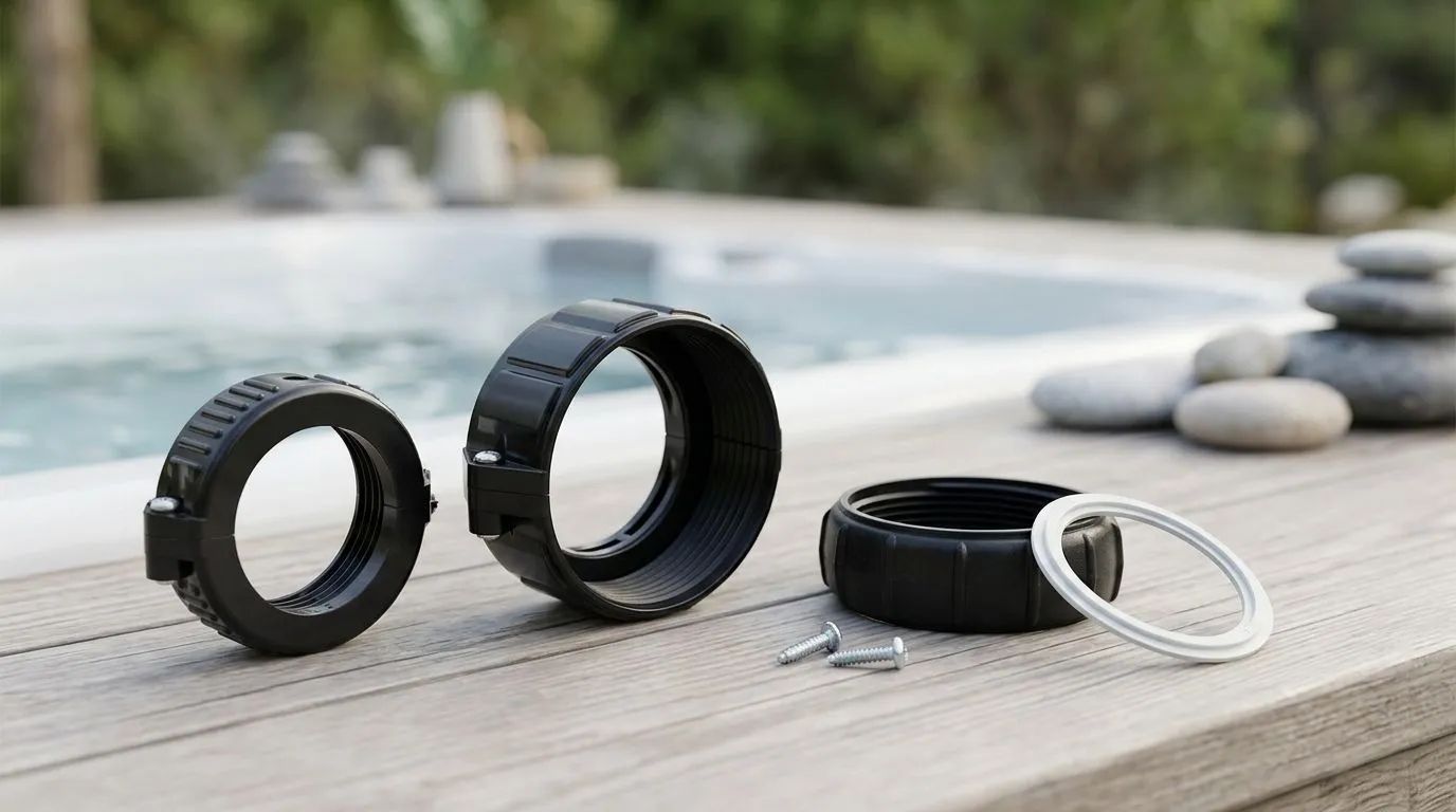 En närbild på olika unioner och packningar, inklusive delbar mutter, packning till Balboa värmare och värmaradapter, arrangerade på en ljus träyta i en modern spa-miljö utomhus.