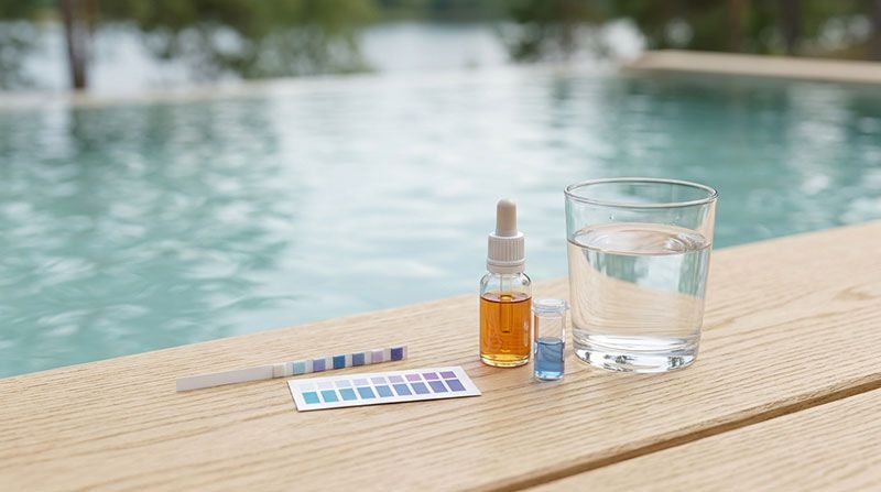 Testremsor, pH-droppar och vattenglas för att testa hårt vatten i pool vid poolkant