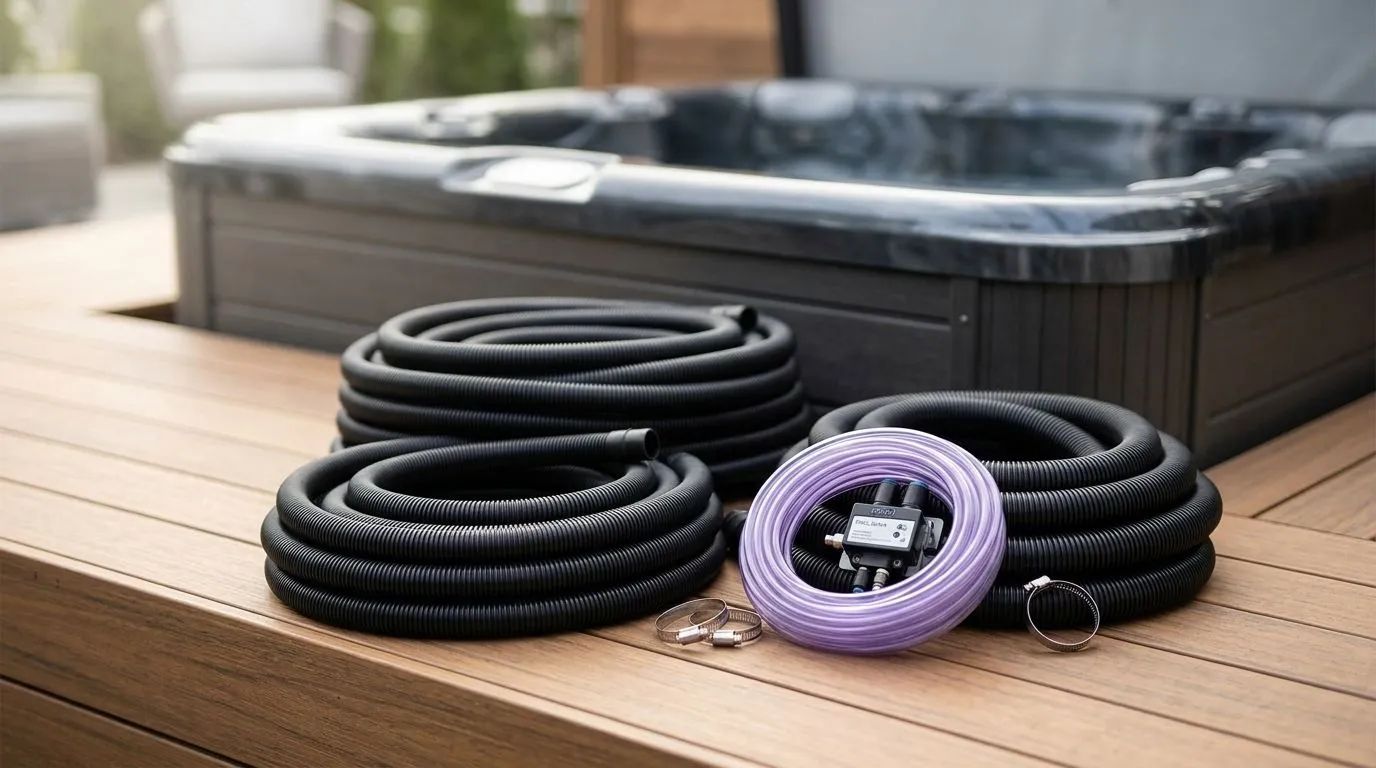 Hitta fler poolslangar och tillbehör — Olika Poolslang PVC i varierande dimensioner, pneumatiska styrningar och slangklämmor är placerade på ett trädäck intill ett spabad.