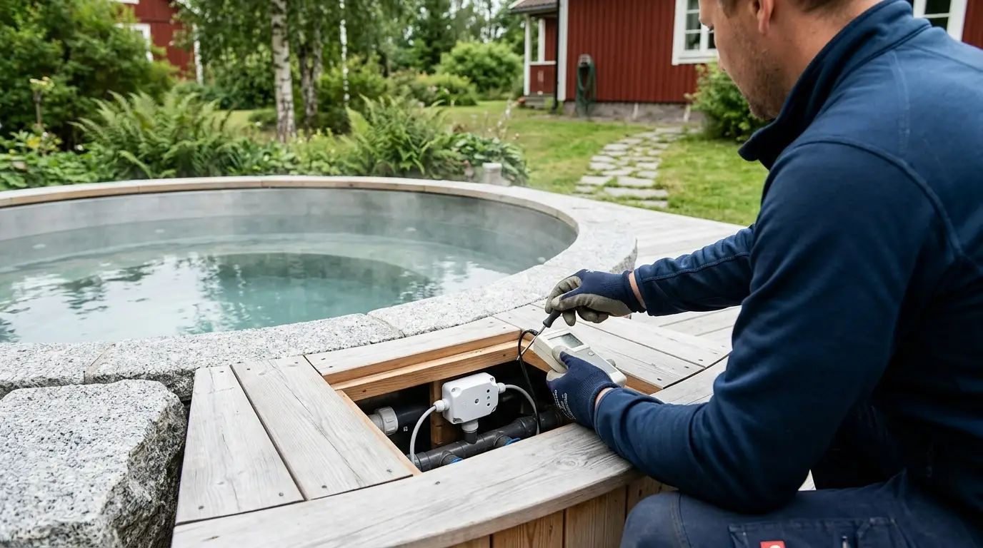 Tekniker installerar sensor och mätutrustning i träpanel vid spabad utomhus