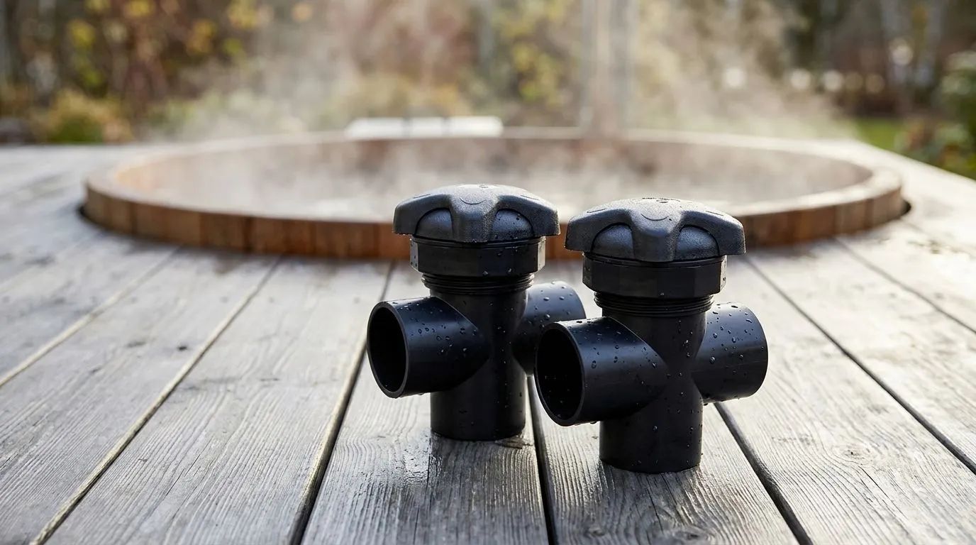 Se fler ventiler till spabadet — En närbild av flera Jazzi 2" diverter Valves som ligger på ett fuktigt trädäck intill ett ångande spabad. Det mjuka dagsljuset framhäver produktdetaljerna i den lugna spamiljön.