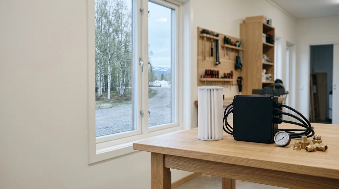 Spafilter, styrbox och rördelar på en verkstadsbänk i ljus verkstad