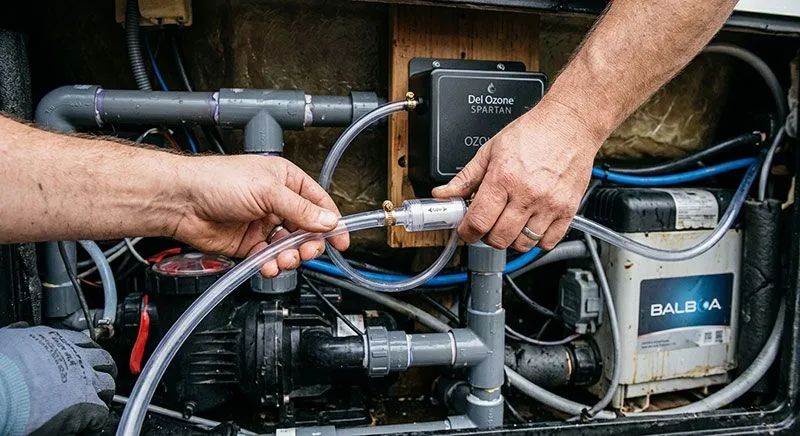 Tekniker kopplar ozongenerator med slangar till spabadets pump och rörsystem