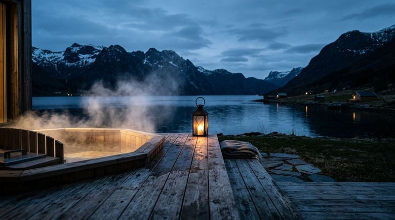 Ångande spabad på trädäck vid fjord i skymning, omgivet av snötäckta berg och tänd lykta