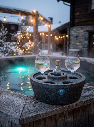 Spabad med vinglas och karaff i hållare, utomhus i snölandskap med ljusslingor