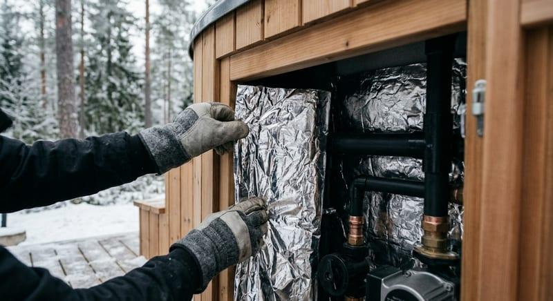 Isolering som monteras i kåpan på ett spabad inför vintern