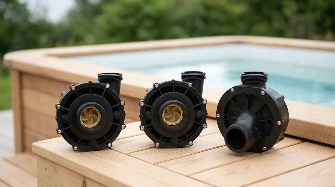 Fler pumphus (wet ends) — Flera pumphus, bland annat ett LX Whirlpool LP200 250 WP200 250 Pumphus och ett Pumphus DH1.0, ligger på ett ljust trädäck. I bakgrunden syns en del av ett modernt spabad med stilla vatten.