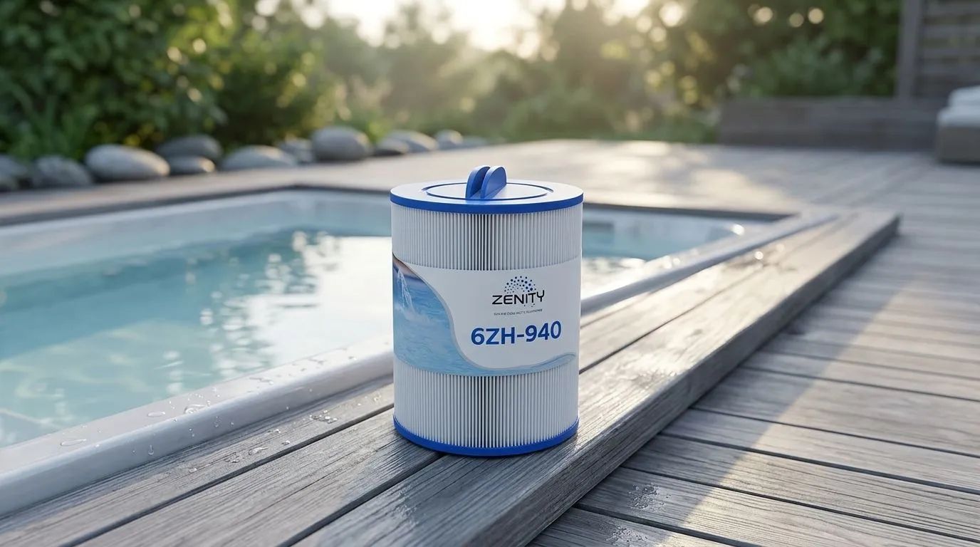 Ett SpaFilter Zenity SC714 placerat vid kanten av en modern spabad. Runt spabadet finns ett trädäck och frodig grönska, belyst av det mjuka morgonljuset.