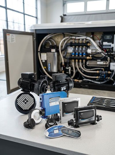 Pumpar, kontrollpaneler, spafilter och rörsystem uppradade vid öppen spakabinett med teknik