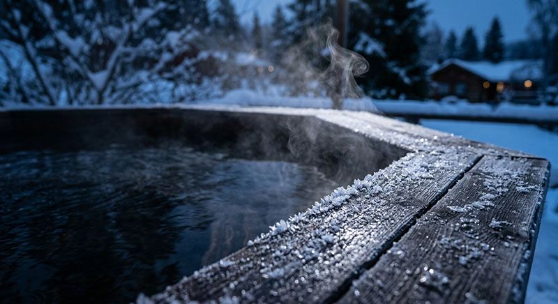 Ångande spabad med frostig träkant vintertid i skymning nära snötäckta granar