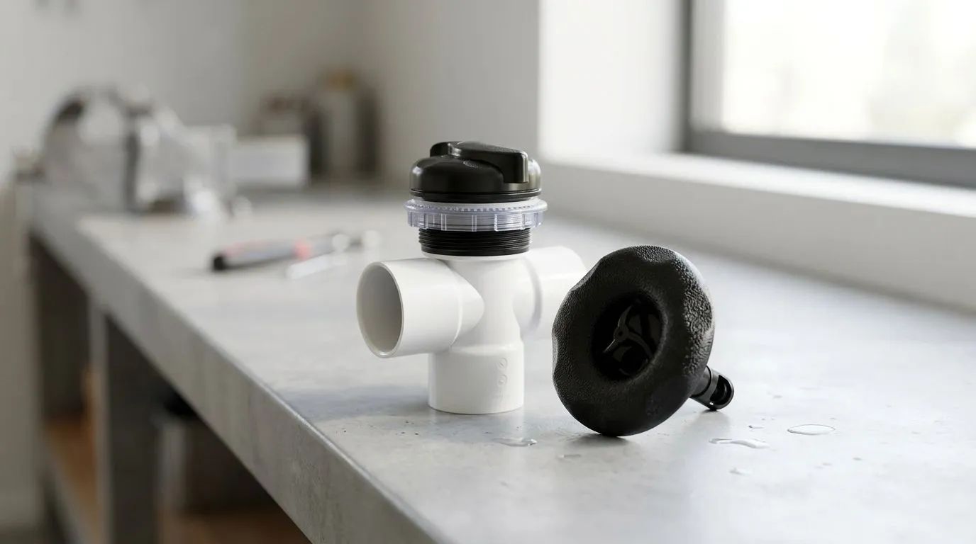 En ljus och lugn miljöbild som visar tekniska komponenter från Rising Dragon, som ventiler och jets, placerade på en ren, ljusgrå yta. Bilden har ett mjukt, naturligt ljus och en minimalistisk komposition utan personer eller text.