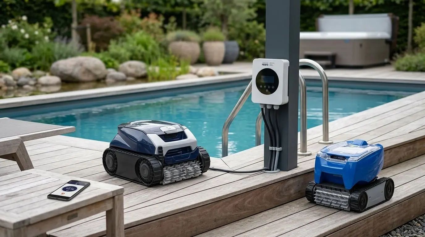 VARIO+ Frekvensstyrning och Zodiac värmepumpar RE 4600 iQ, RT 3200 och RE 4200 på ett trädäck