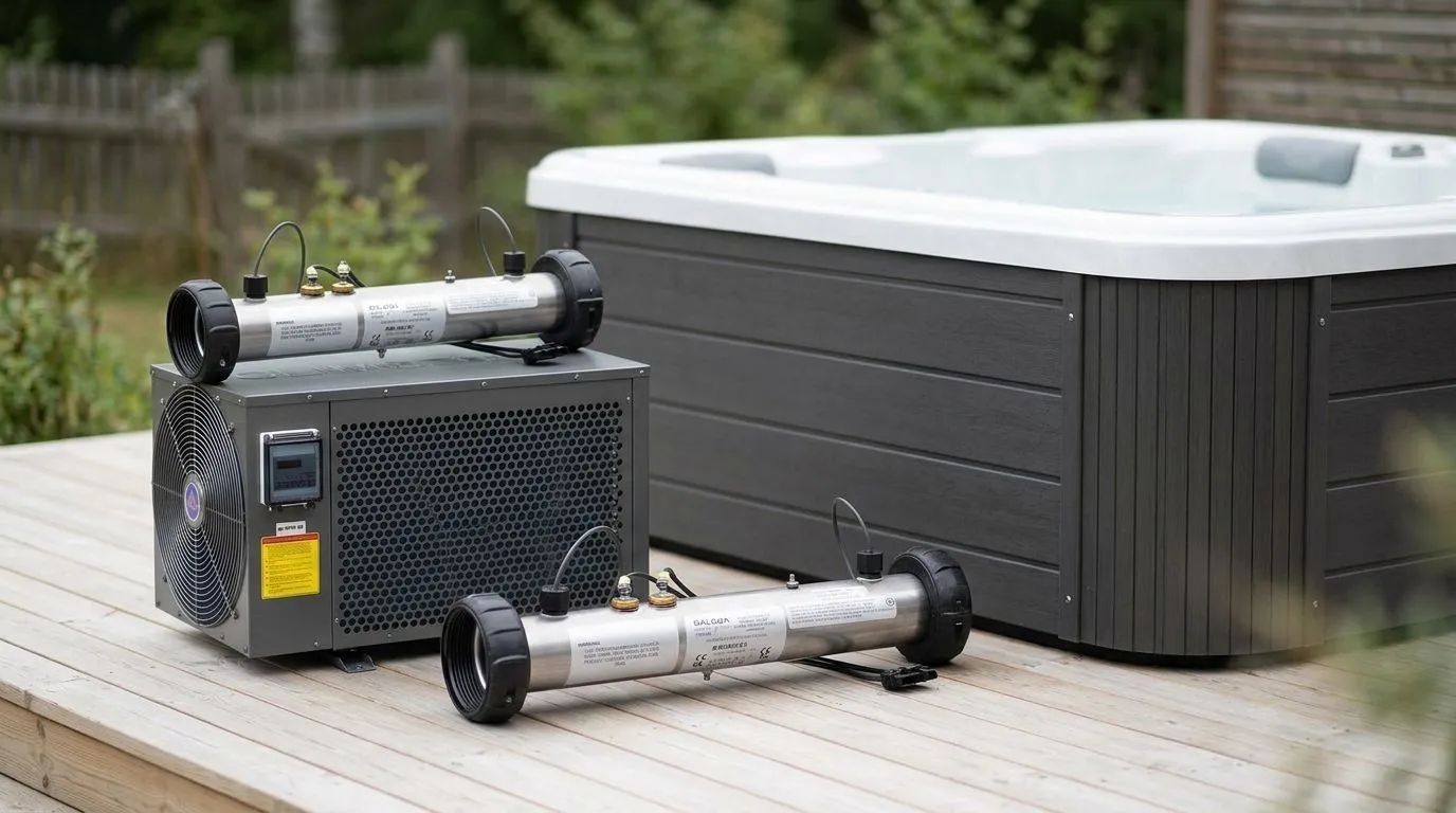 Alla våra värmare — En bild med olika Värmare-produkter, däribland Balboa 3 kW Värmare Incoloy-825 och Balboa Clim8zone, placerade på ett ljust trädäck intill ett modernt utomhusspabad.