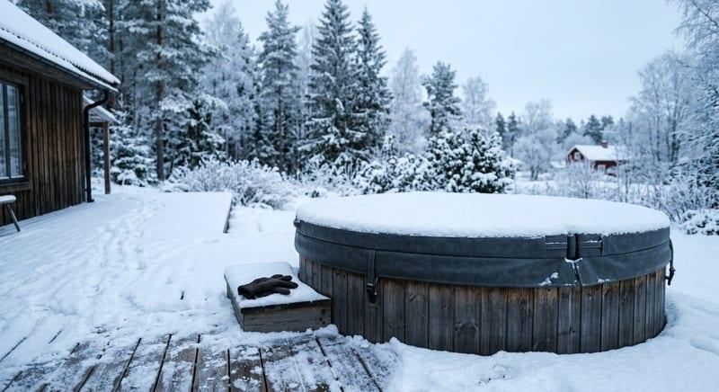 Snötäckt spalock på ett utomhusspa en vinterdag