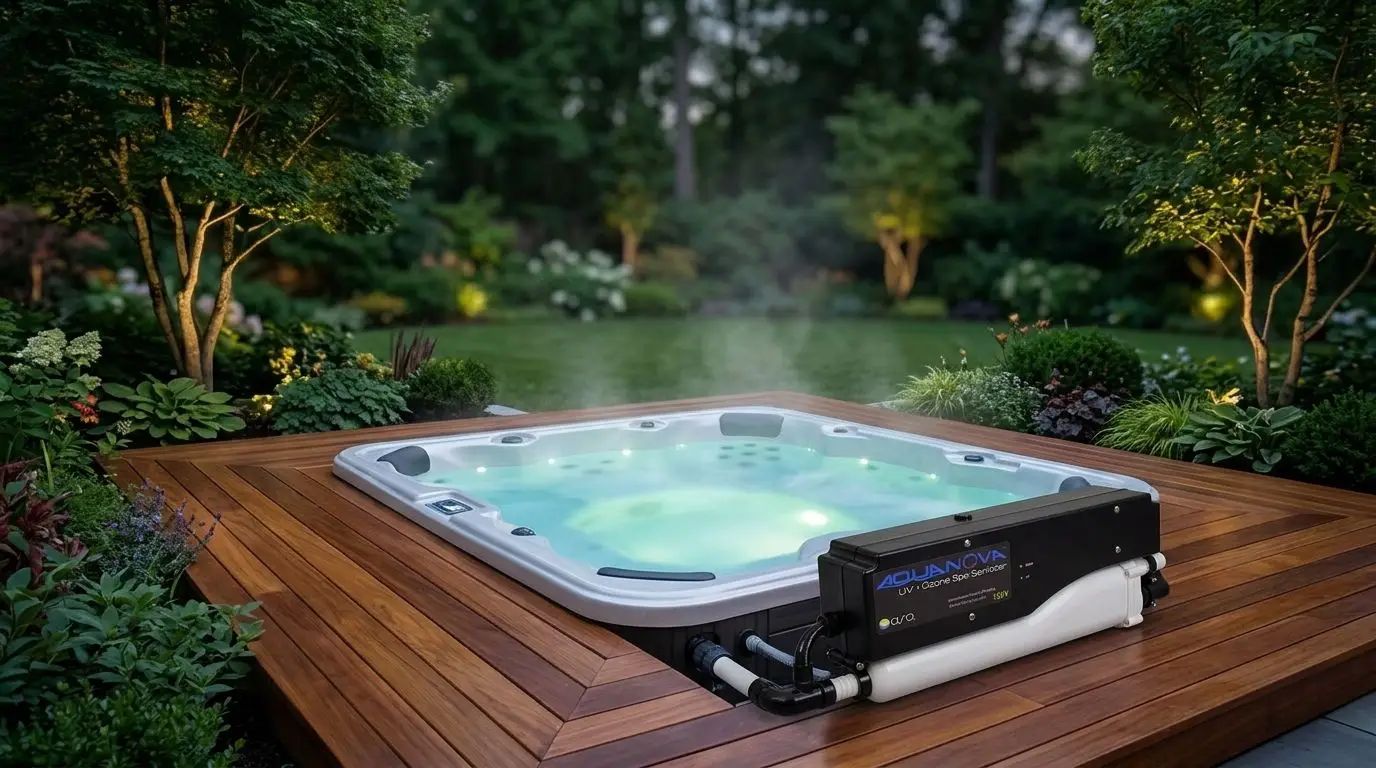 Fler produkter inom Kombi Ozon och UV — En exteriörbild av en spamiljö med ett modernt spabad inbyggt i ett trädäck. I fokus syns produkter som Wavezo₃ne ™ och Ozon UV Sanitizer, placerade nära spabadet i en lummig trädgård. Bilden visar produkterna i en funktionell och lugn utomhusmiljö.