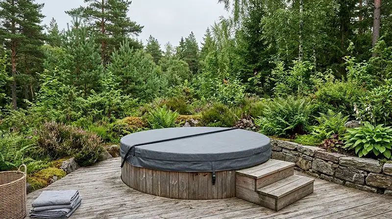 Rundbottnat spabad med grått lock på trädäck omgivet av skog och stenmur