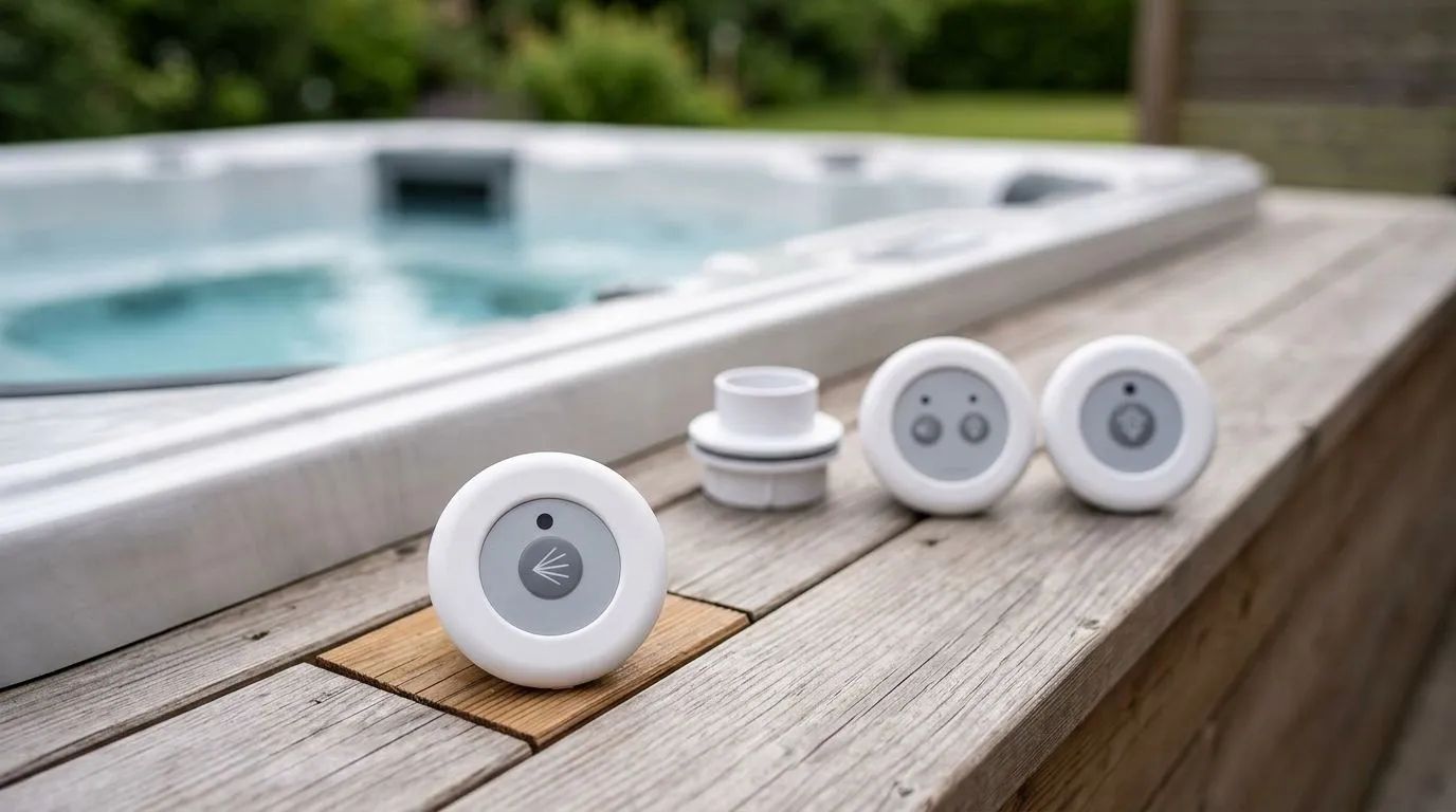 Hydroair-system och tillbehör — Hydroair-produkter, inklusive en 1 funktions panel Ø 39mm Pump on/off och adaptrar, arrangerade i en utomhusmiljö med ett modernt spabad och ett omgivande trädäck.